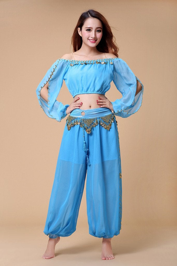 ZLTdream Belly Dance Chiffon Long Sleeves Top and Lantern Coins Pants Light Blue - Image 5
